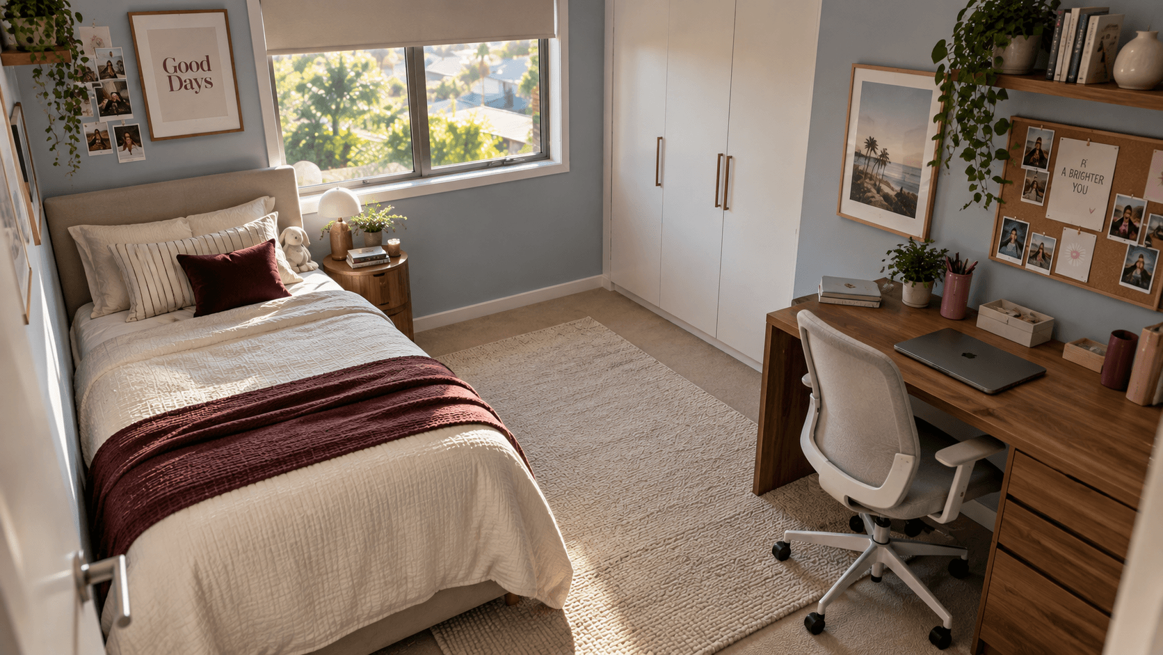 Compact teenage girl's bedroom with king single bed, study desk, built-in wardrobe and dusty blue walls.