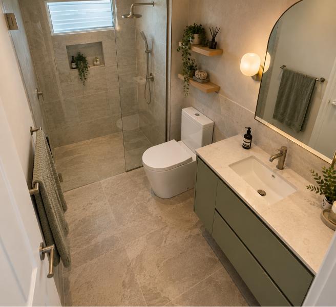 Compact Australian ensuite with L-shaped layout, sage-green vanity, walk-in shower and warm stone-look tiles.