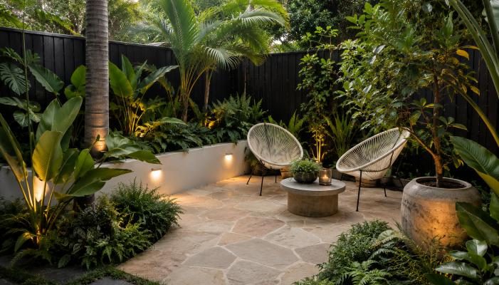 Lush small Australian tropical backyard with dense foliage, dark timber fencing, natural stone paving and seating area.