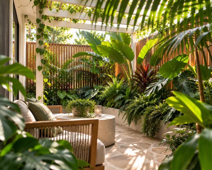Small Australian tropical garden with dense planting, timber screening and a light pergola creating a sheltered microclimate.